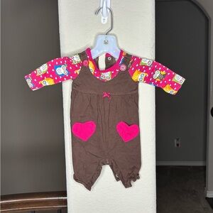 Okie Dokie Brown and Pink Baby Ensemble Owl Print Heart Overalls 100% Cotton NB